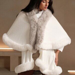 Elegant Knit Double-Layered Open With Faux  Fur Poncho Cape Cardigan